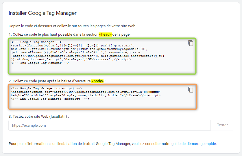 Code d'installation de GTM