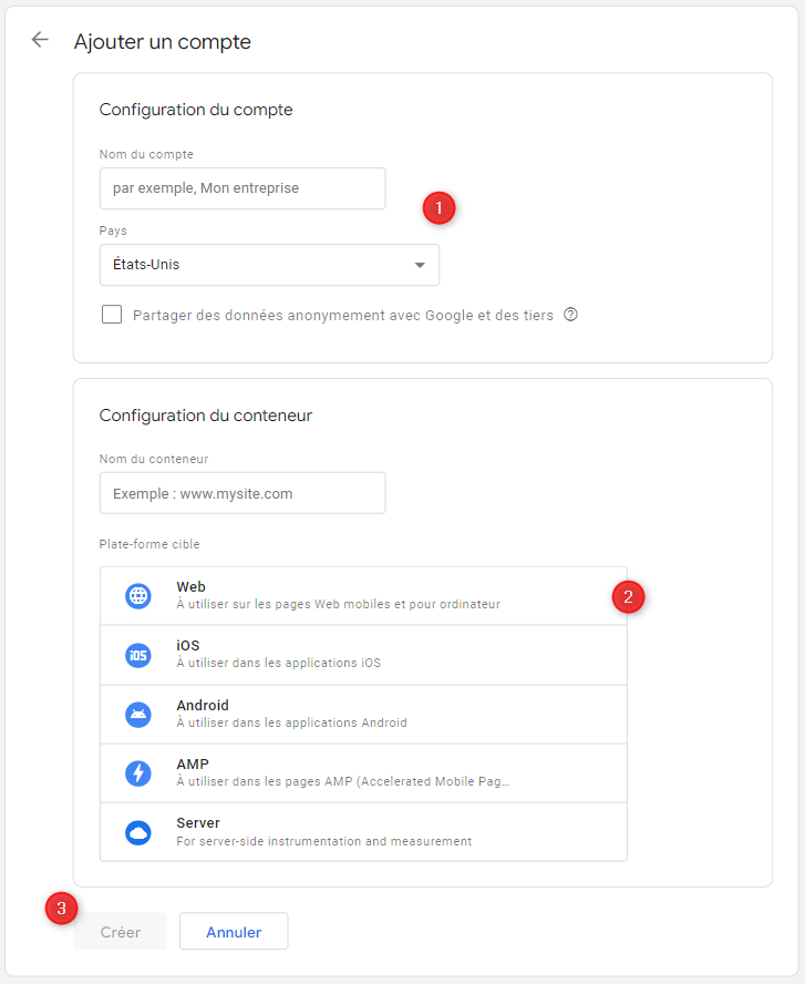 Formulaire de création de compte GTM