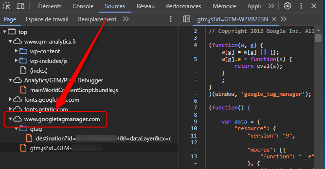 Console développeur montrant GTM