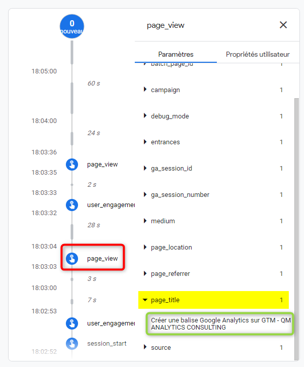 Détails des événements dans Debug View