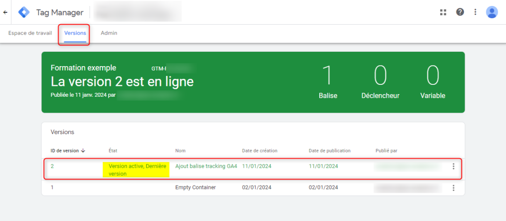 Vérification de la version active