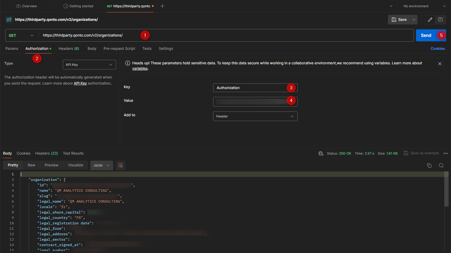 Interface Postman pour l'API Qonto