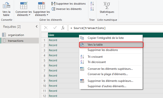 Conversion de la liste en table