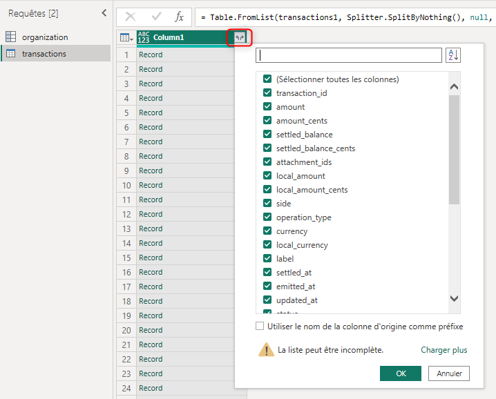 Sélection des colonnes dans Power BI