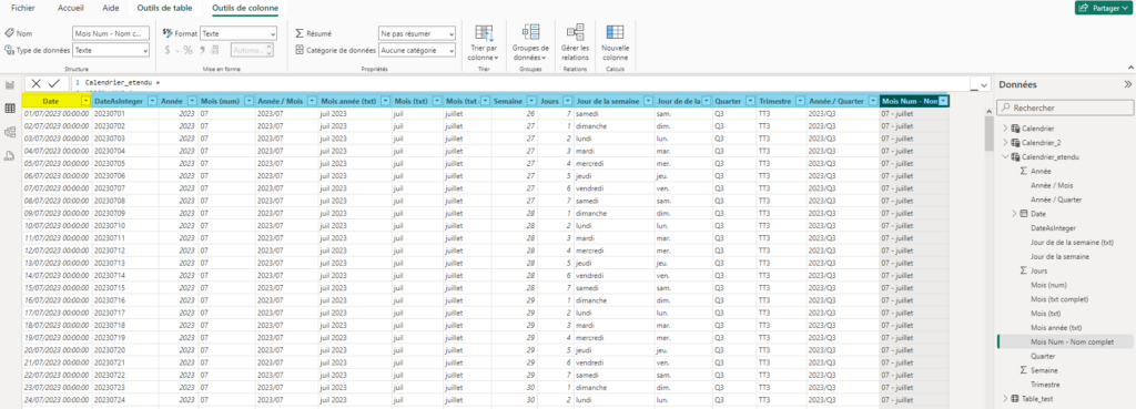 Table calendrier optimisée avec colonnes personnalisées