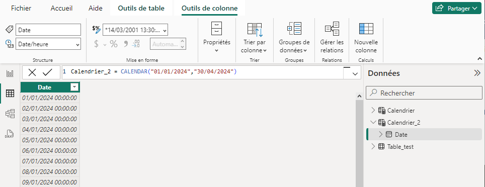 Création d'une table calendrier avec CALENDAR