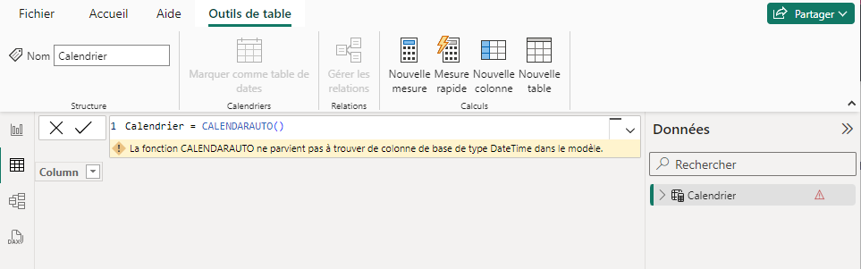 Erreur lors de la création d'une table calendrier avec CALENDARAUTO